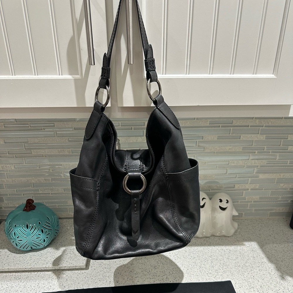 Black Frye leather shoulder bag and dust bag.